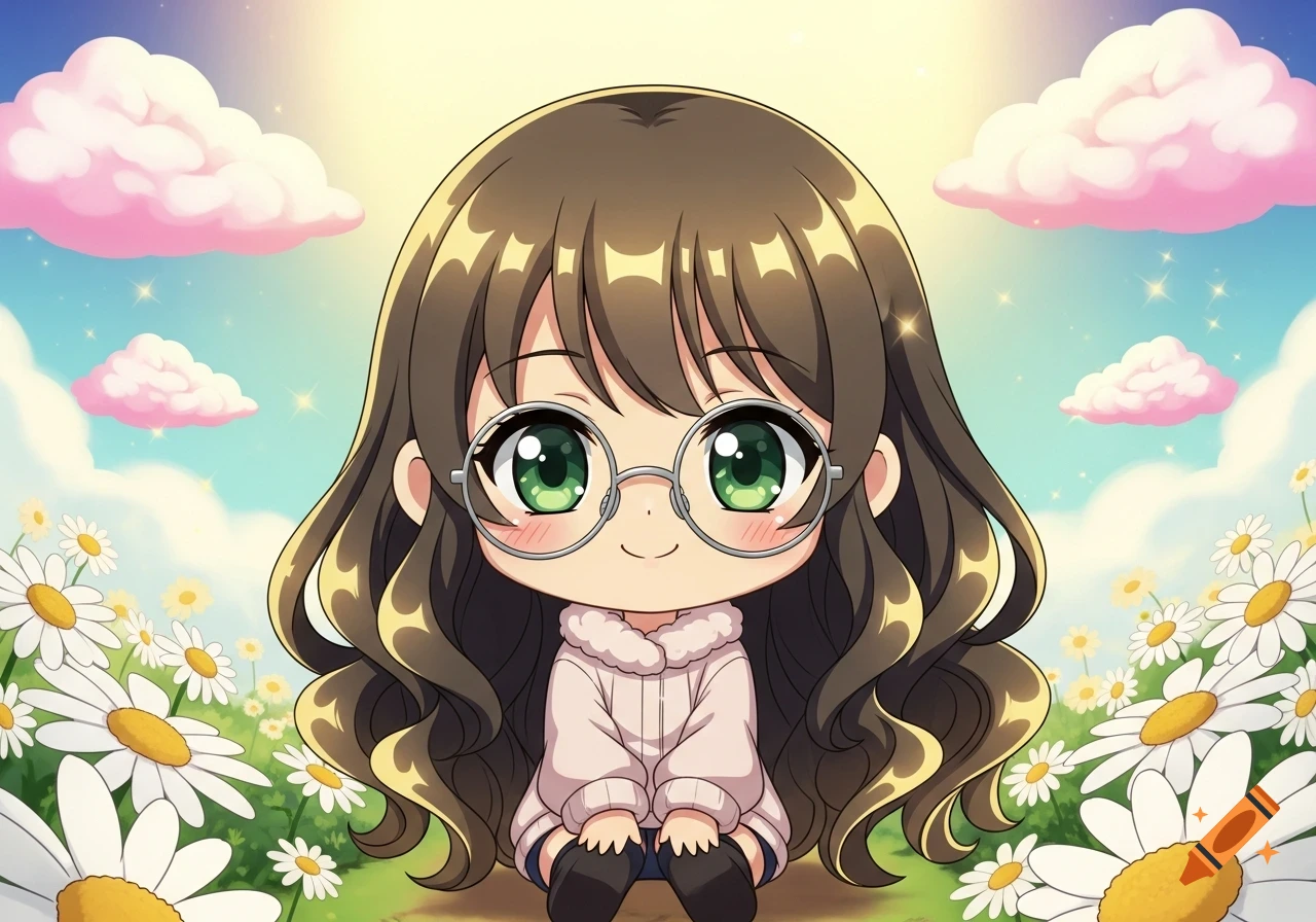A cute chibi anime girl with long brown hair, green eyes, and silver ...