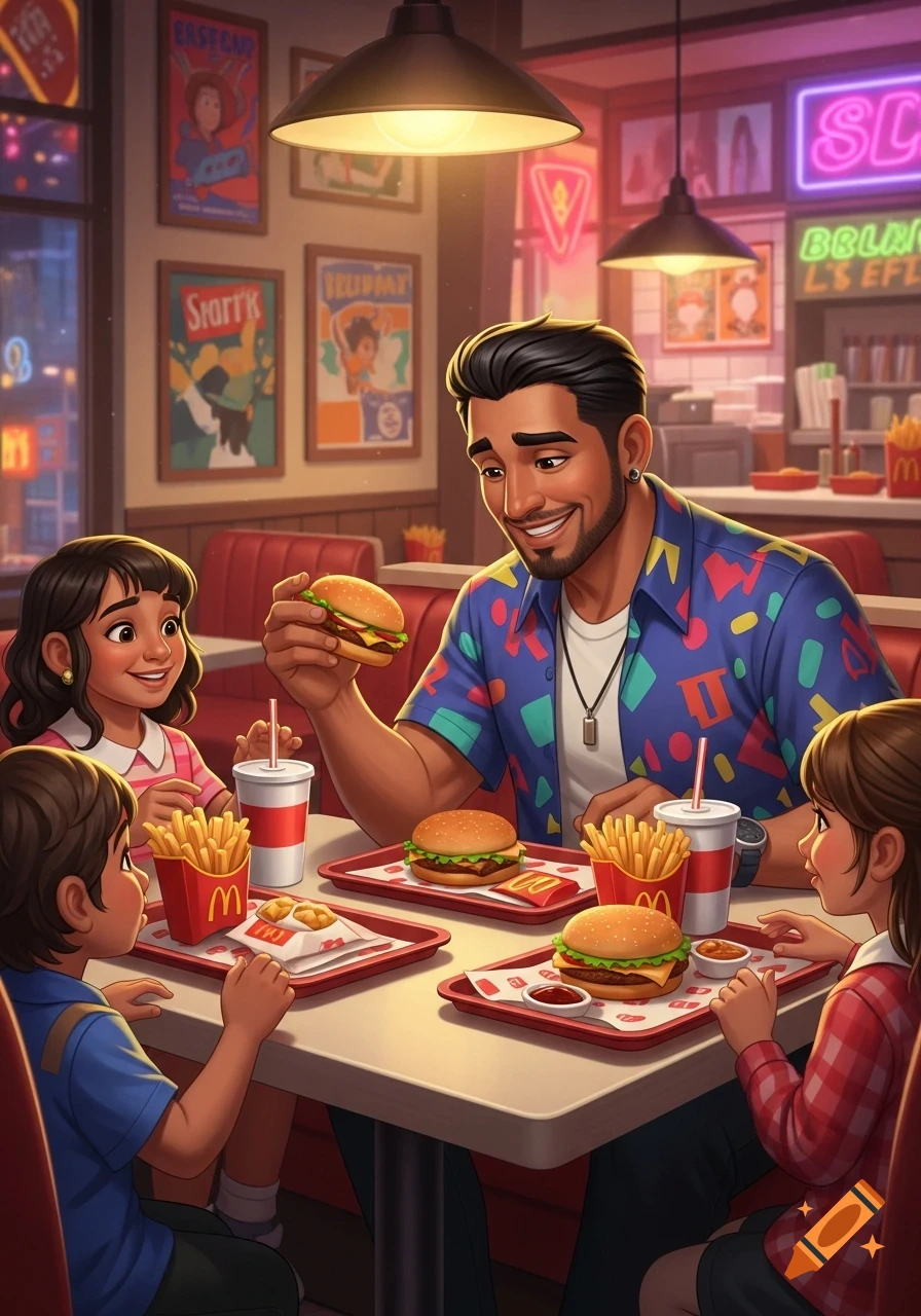 Stylized illustration of a father and two children eating burgers and fries at a fast food restaurant.