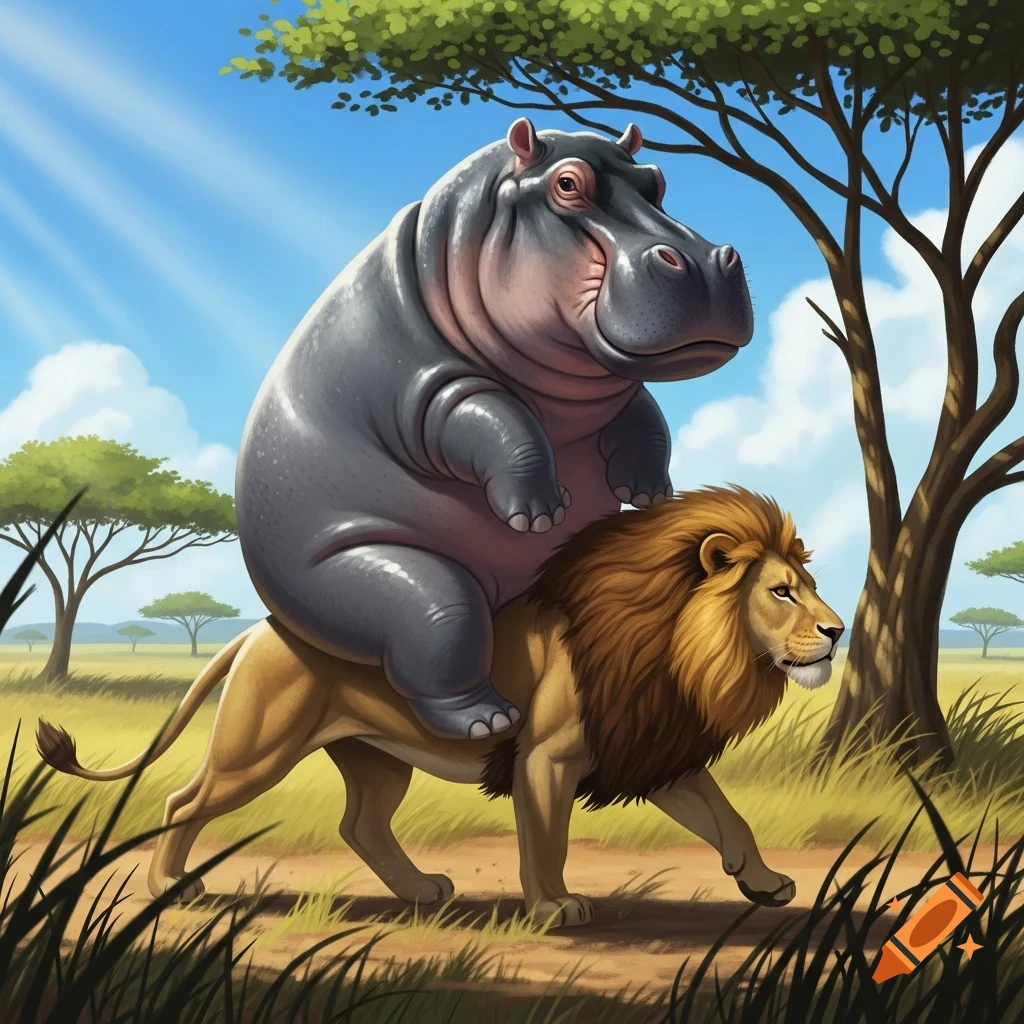 A cartoon hippo rides on the back of a lion through a sunny savanna with acacia trees.
