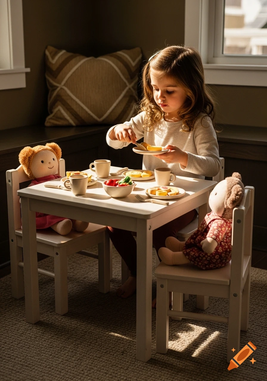 Photorealistic image of a young girl playing with dolls and pretend food at a small table in a sunlit room.