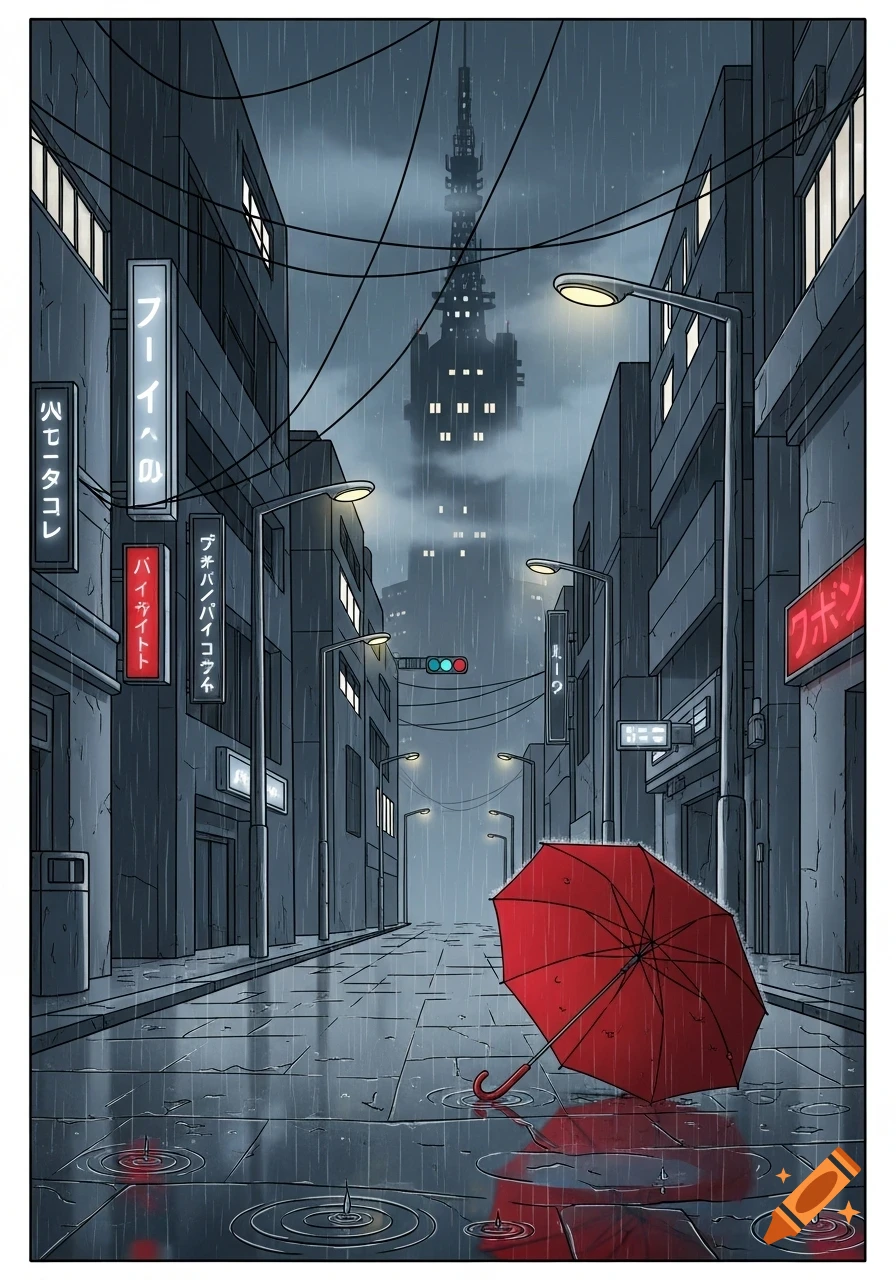 Anime-style illustration of a rainy city street at night, with a red umbrella on wet pavement and glowing neon signs.