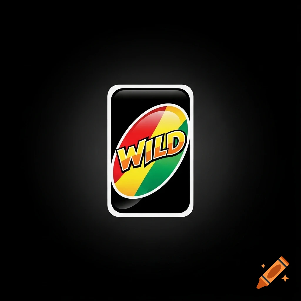 An Uno wild card with the word "WILD" in orange on a red, yellow, and green oval, set against a black background.