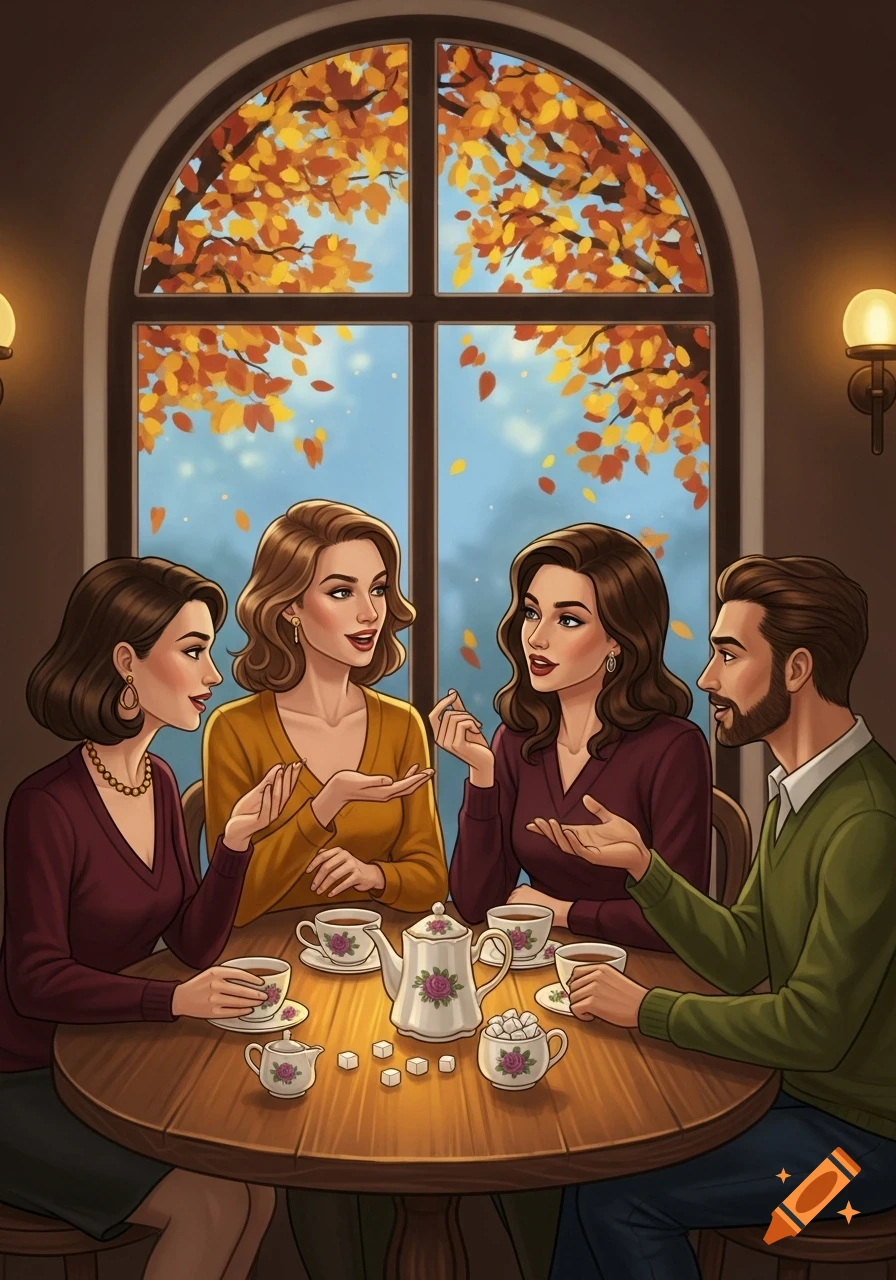 Illustration of three women and one man conversing around a table in a cafe with an autumn view outside a window.