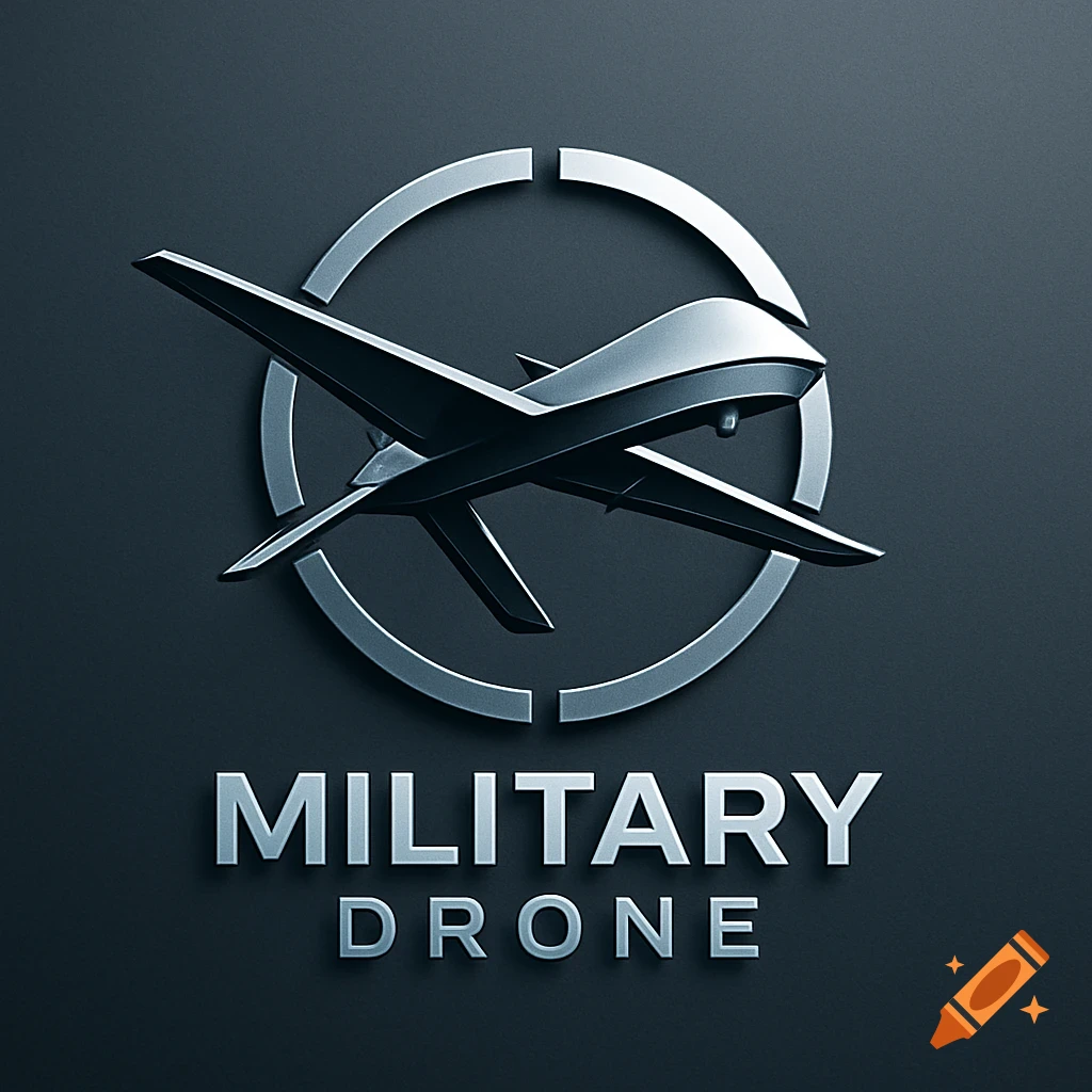 A sleek, metallic 3D logo for a military drone, featuring a stylized drone silhouette within a silver ring, with 'MILITARY DRONE' text below on a dark grey background.