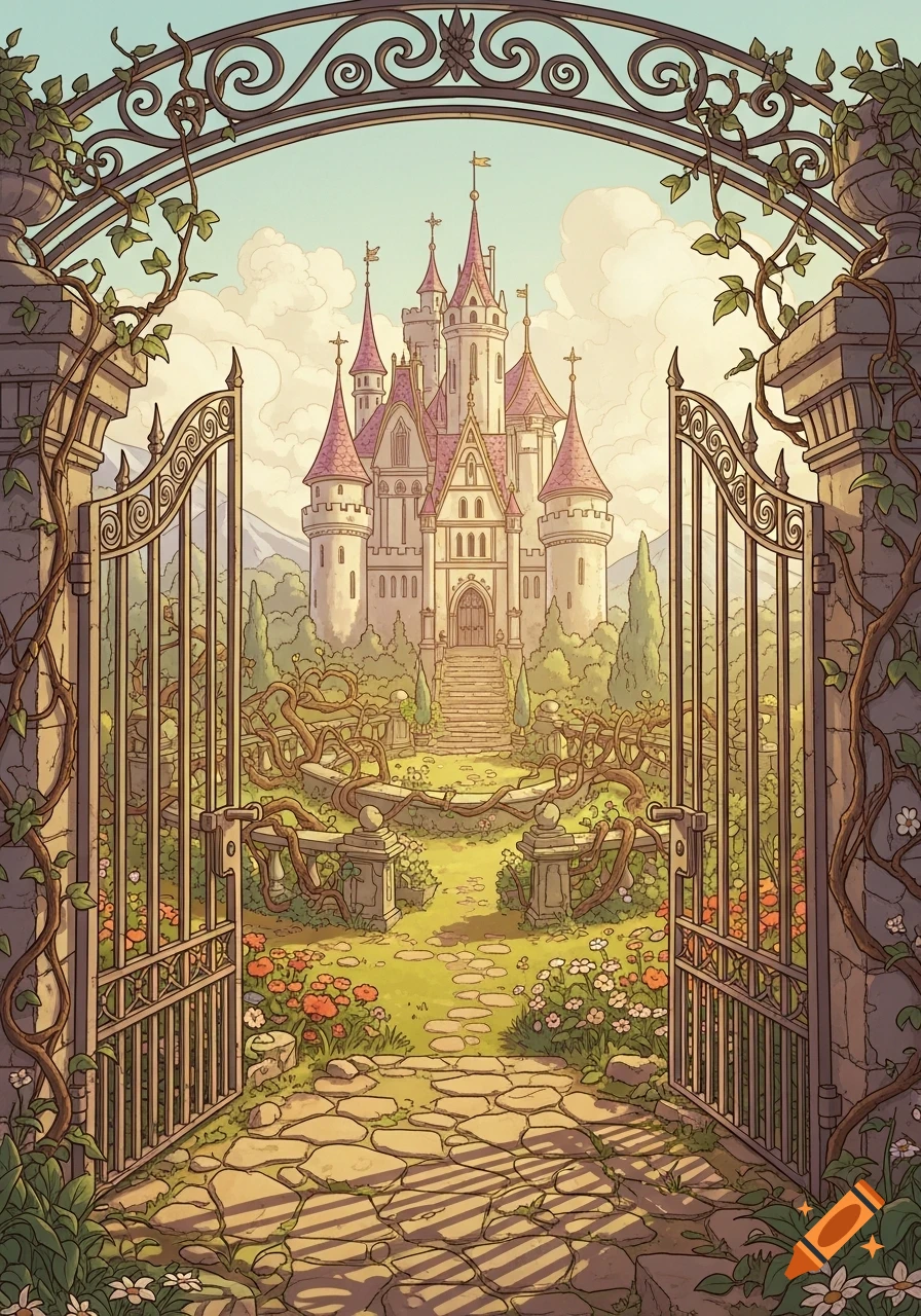 A fairytale illustration of a pink-roofed castle through open wrought-iron gates and an overgrown garden.