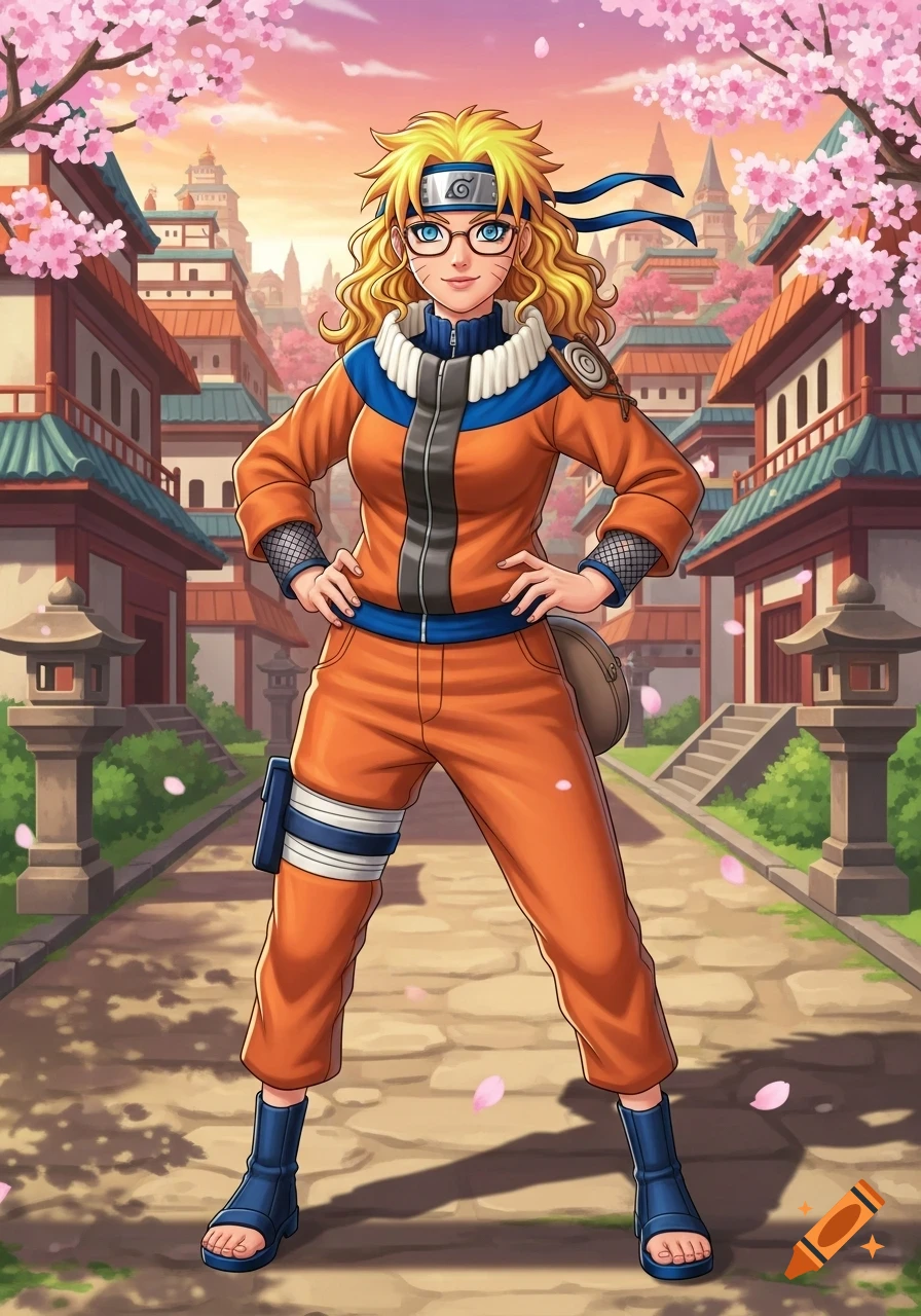 Anime woman with blond curly hair, glasses, and a Naruto outfit stands in a cherry blossom village.