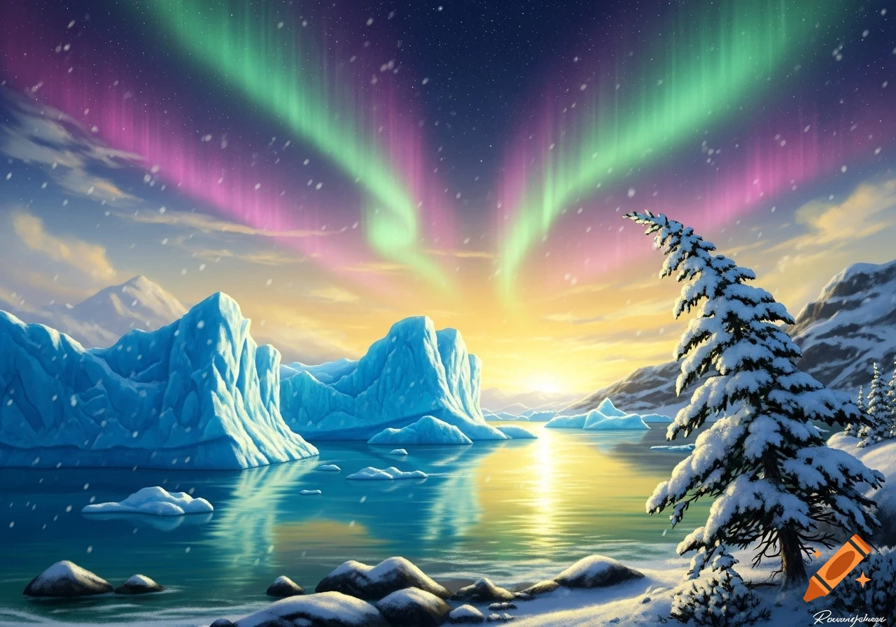 A vibrant aurora borealis with pink and green lights over a snowy arctic landscape with icebergs in calm water, a setting sun, and a snow-covered fir tree.