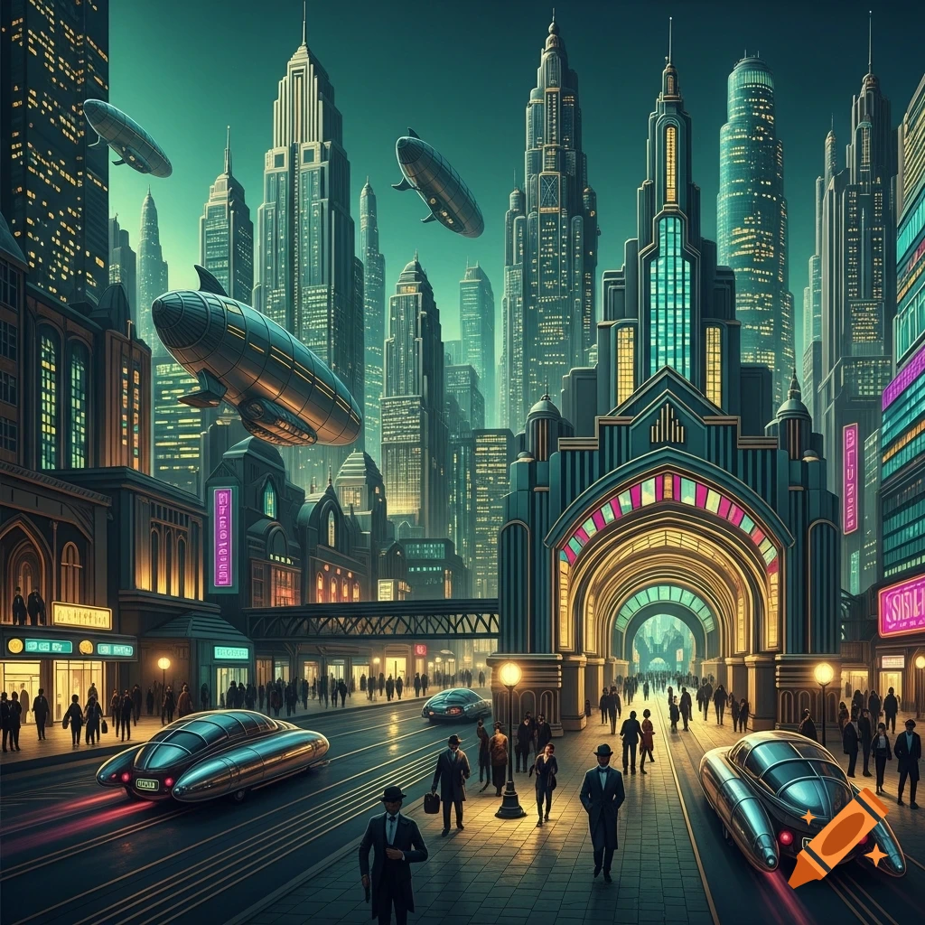 A vibrant Decopunk cityscape at night, with towering Art Deco skyscrapers, blimps, futuristic cars, and people on the illuminated streets.