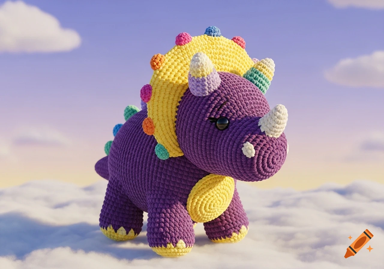 A cute purple crocheted triceratops with a yellow frill and belly stands on clouds under a blue and purple sky.