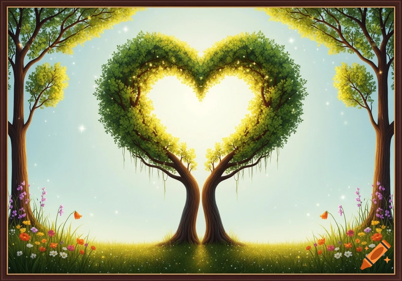 Whimsical art of two trees forming a heart shape with their canopies in a sparkling, sunny meadow.