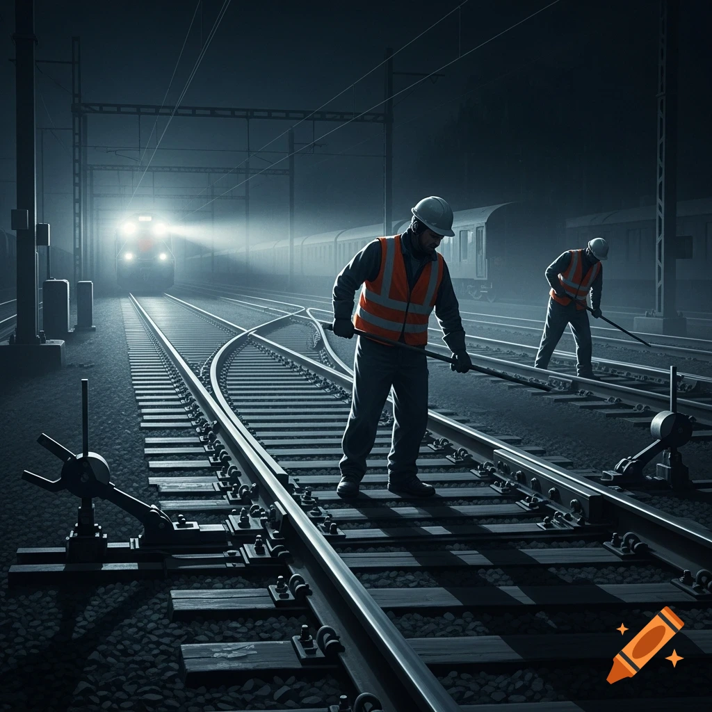 Two railway workers in safety vests on tracks at night, one more visible, with a train approaching with bright headlights in the misty background.