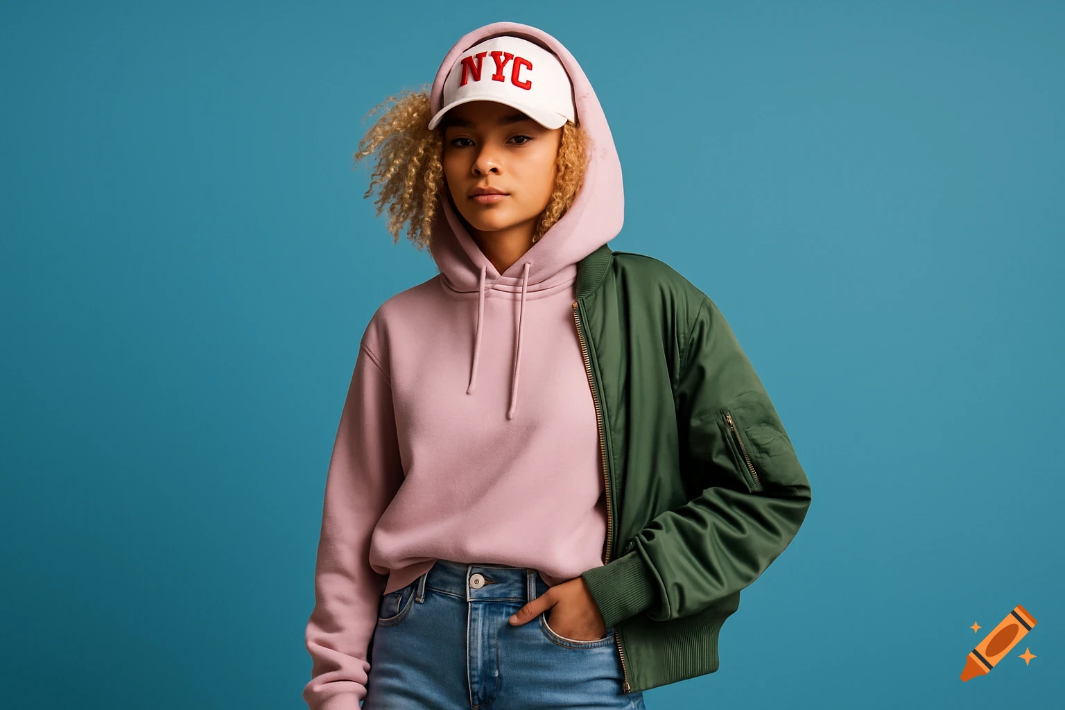 A stylish young woman with curly blonde hair, wearing a pink hoodie, green bomber jacket, jeans, and a white NYC baseball cap, posing against a blue background.