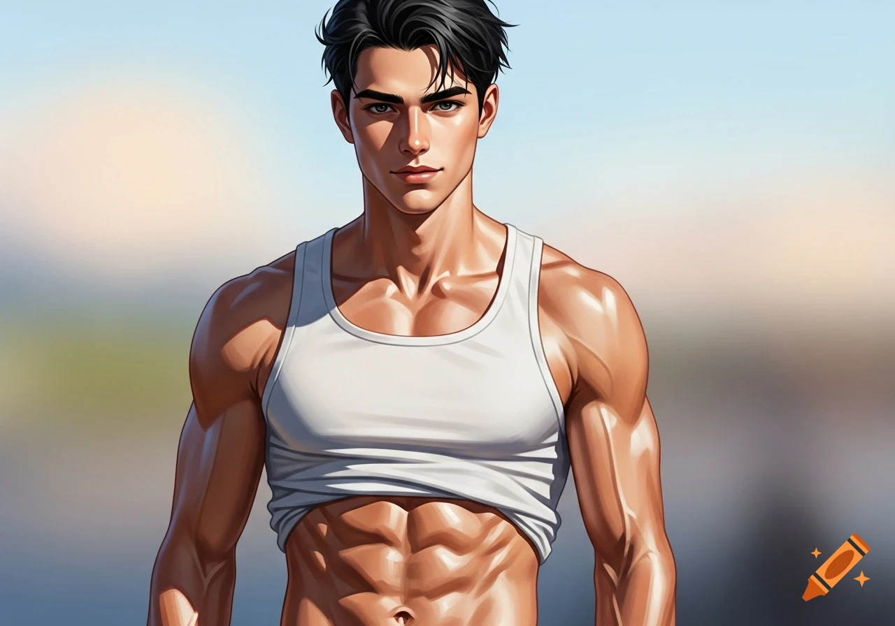 Anime-style illustration of a handsome, muscular young man with black hair, wearing a white tank top, showing his abs.