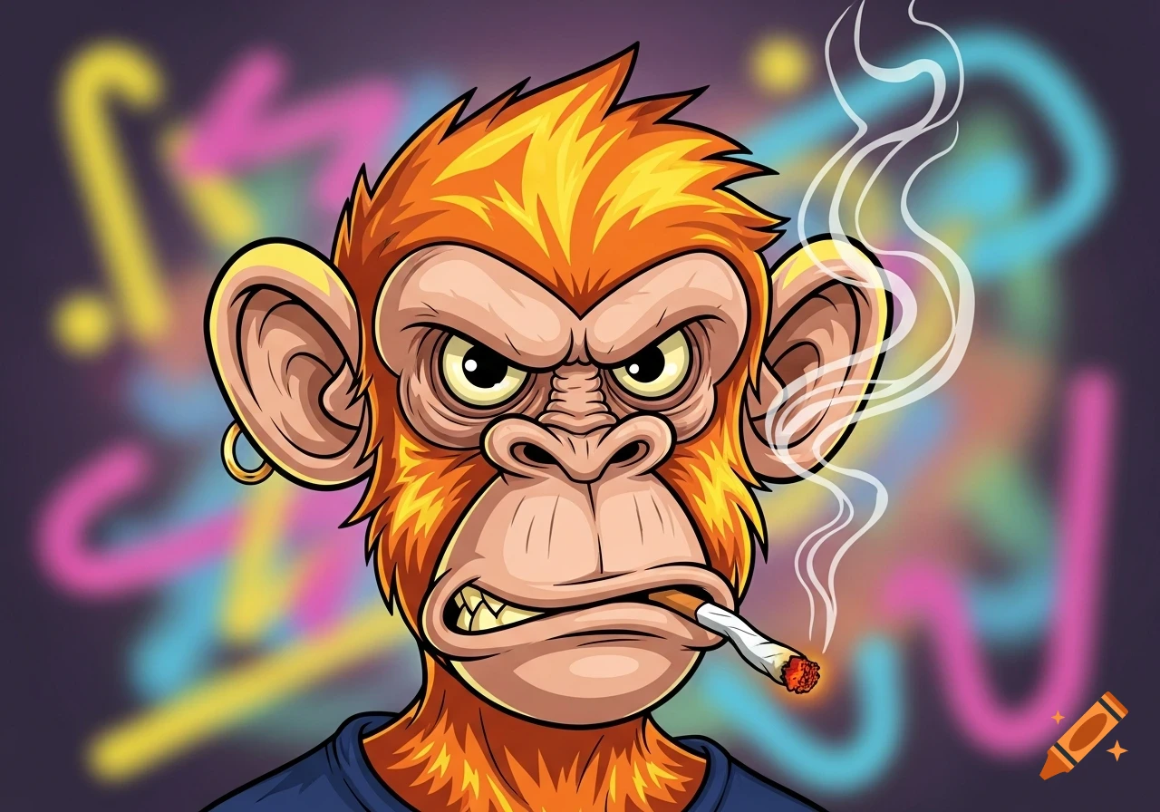 A cranky, cartoonish monkey with orange fur and an earring, smoking a cigarette, against a blurred colorful background.