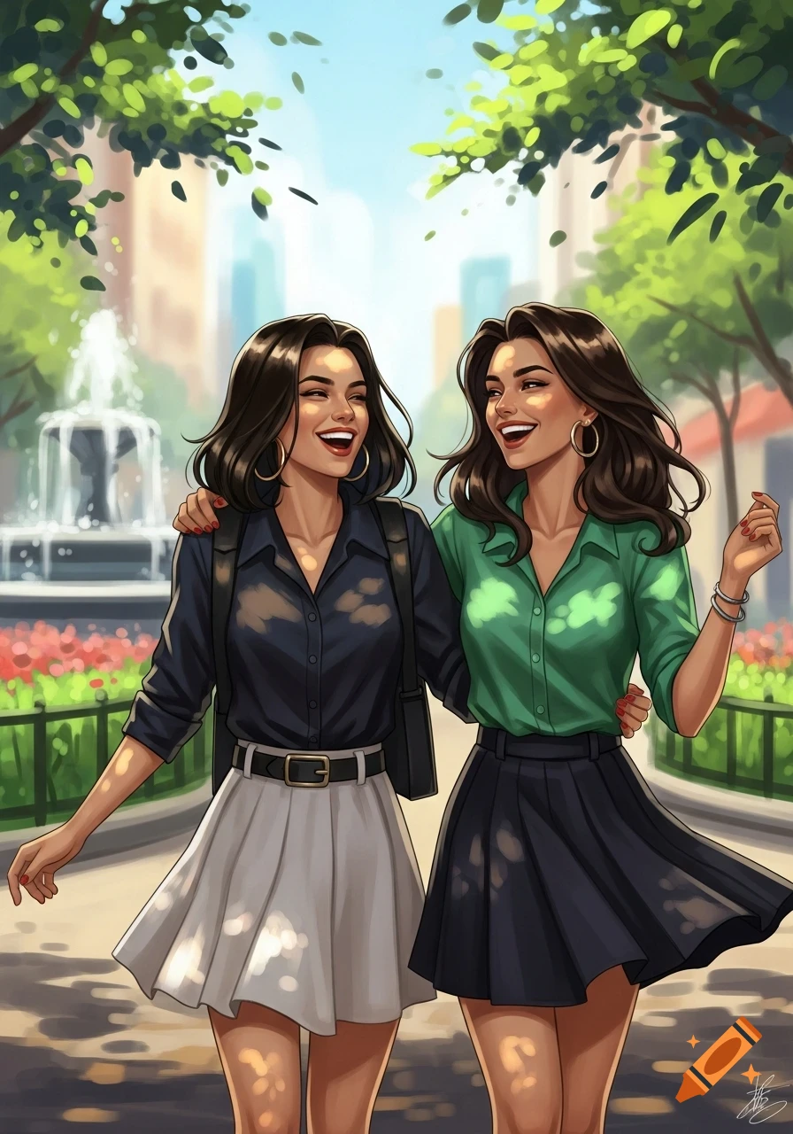 Two smiling women with dark hair walk arm-in-arm through a sunny park with a fountain, in a digital illustration.