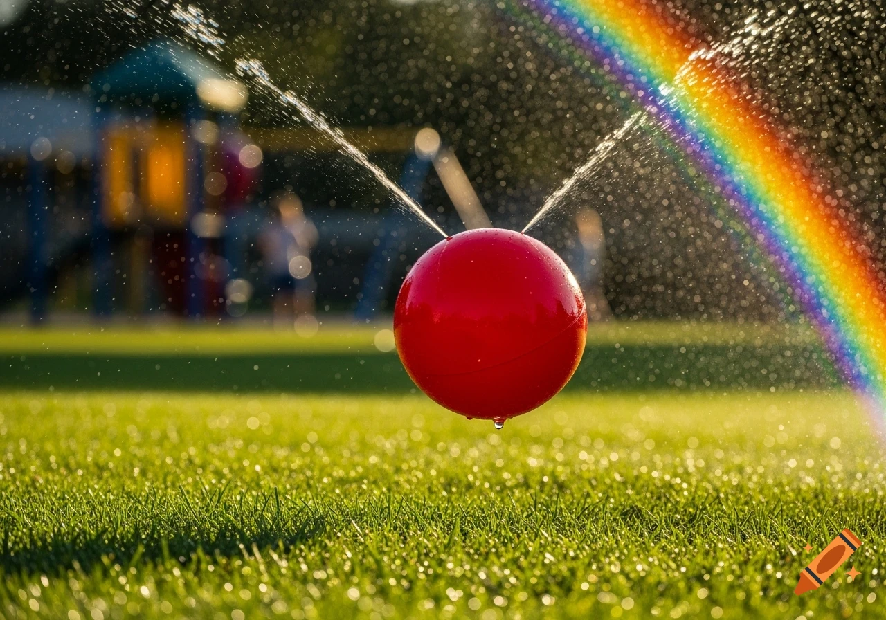 A red spherical sprinkler sprays water, creating a vibrant rainbow over a lush green lawn with a blurry playground in the background.