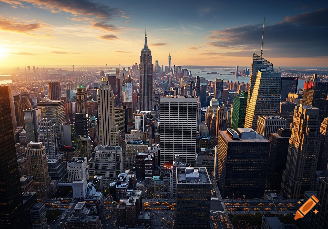 Photorealistic aerial view of the New York City skyline at sunset, featuring the Empire State Building among numerous skyscrapers.