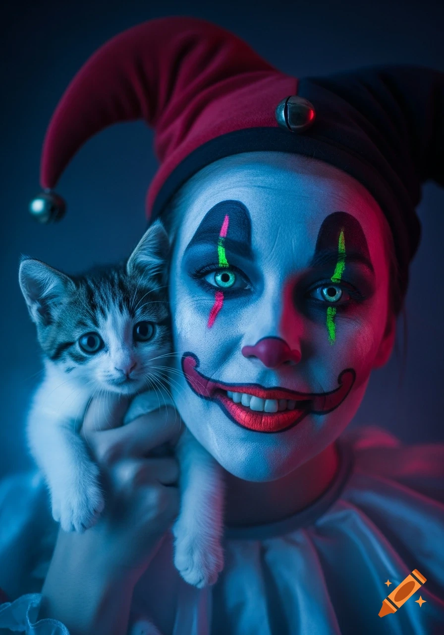 A woman in vibrant clown makeup and jester hat holds a small kitten, illuminated by surreal neon blue and red light.