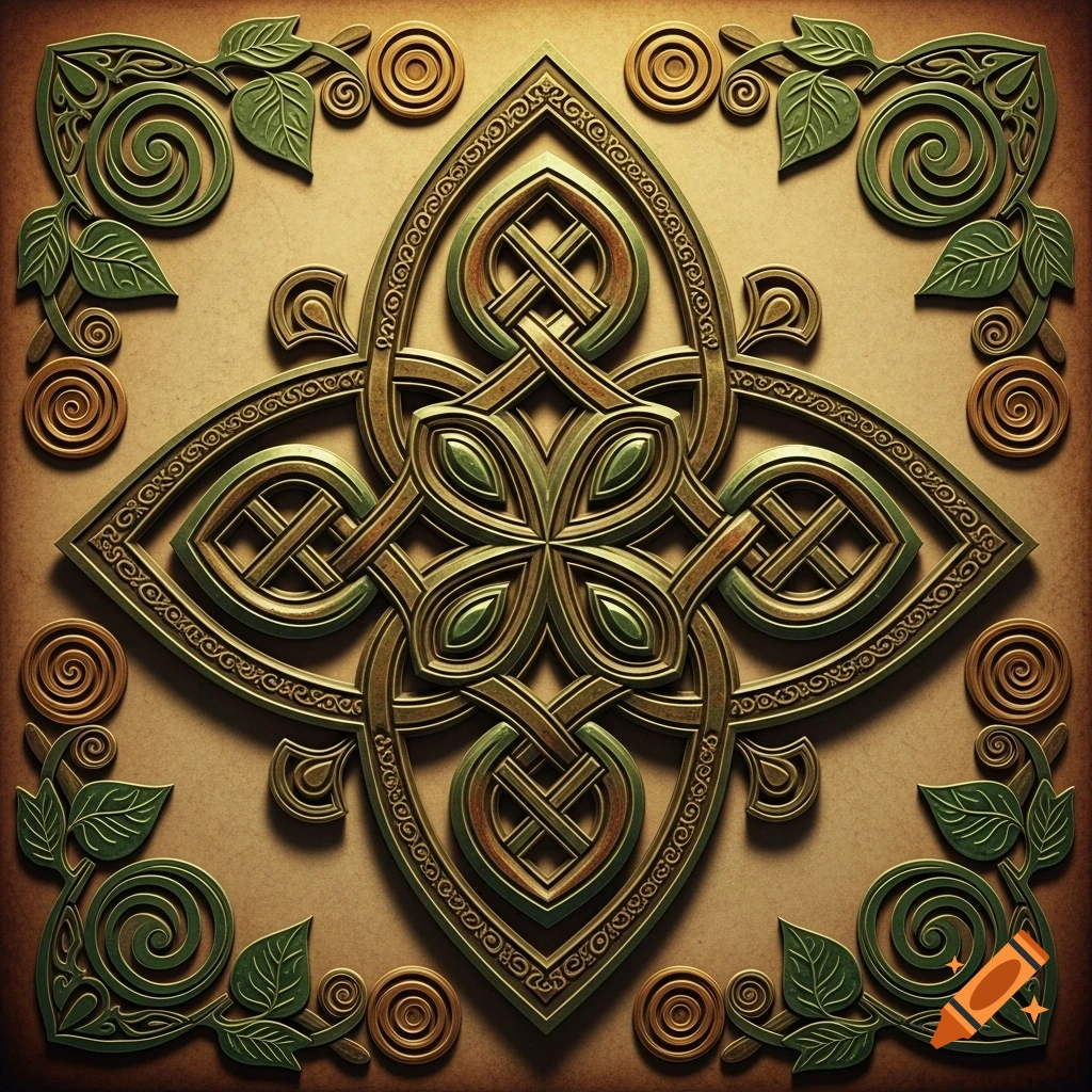 Detailed golden and green celtic knot pattern with intricate interwoven designs and leaf accents on a textured tan background.