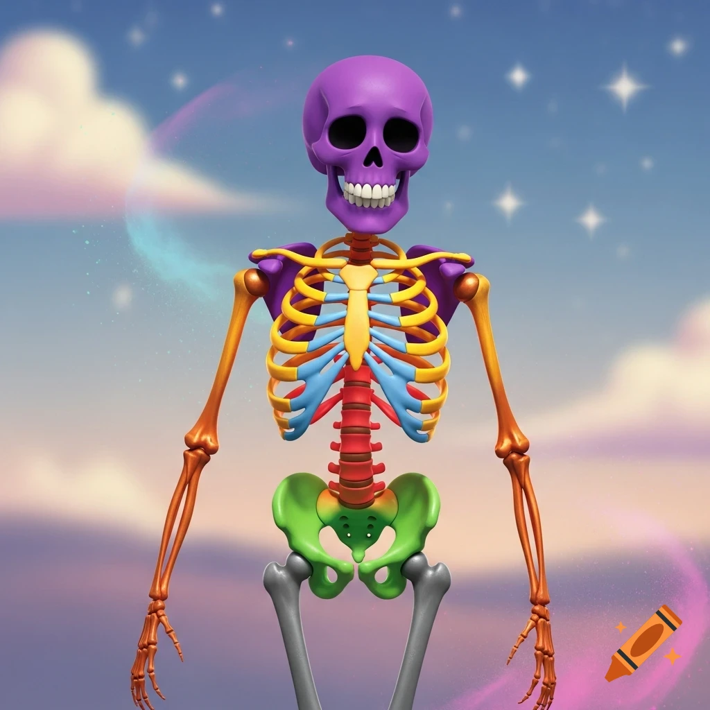 A vibrant, cartoon-style skeleton with a purple skull, yellow ribs, reddish sternum, green pelvis, and orange arm bones against a cloudy sky.