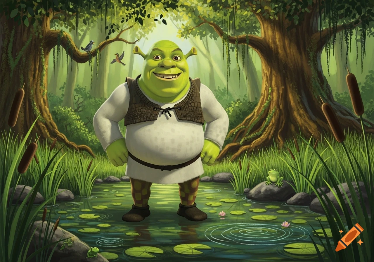 Shrek, a green ogre, stands smiling in a lush swamp filled with lily pads and cattails, framed by large mossy trees.