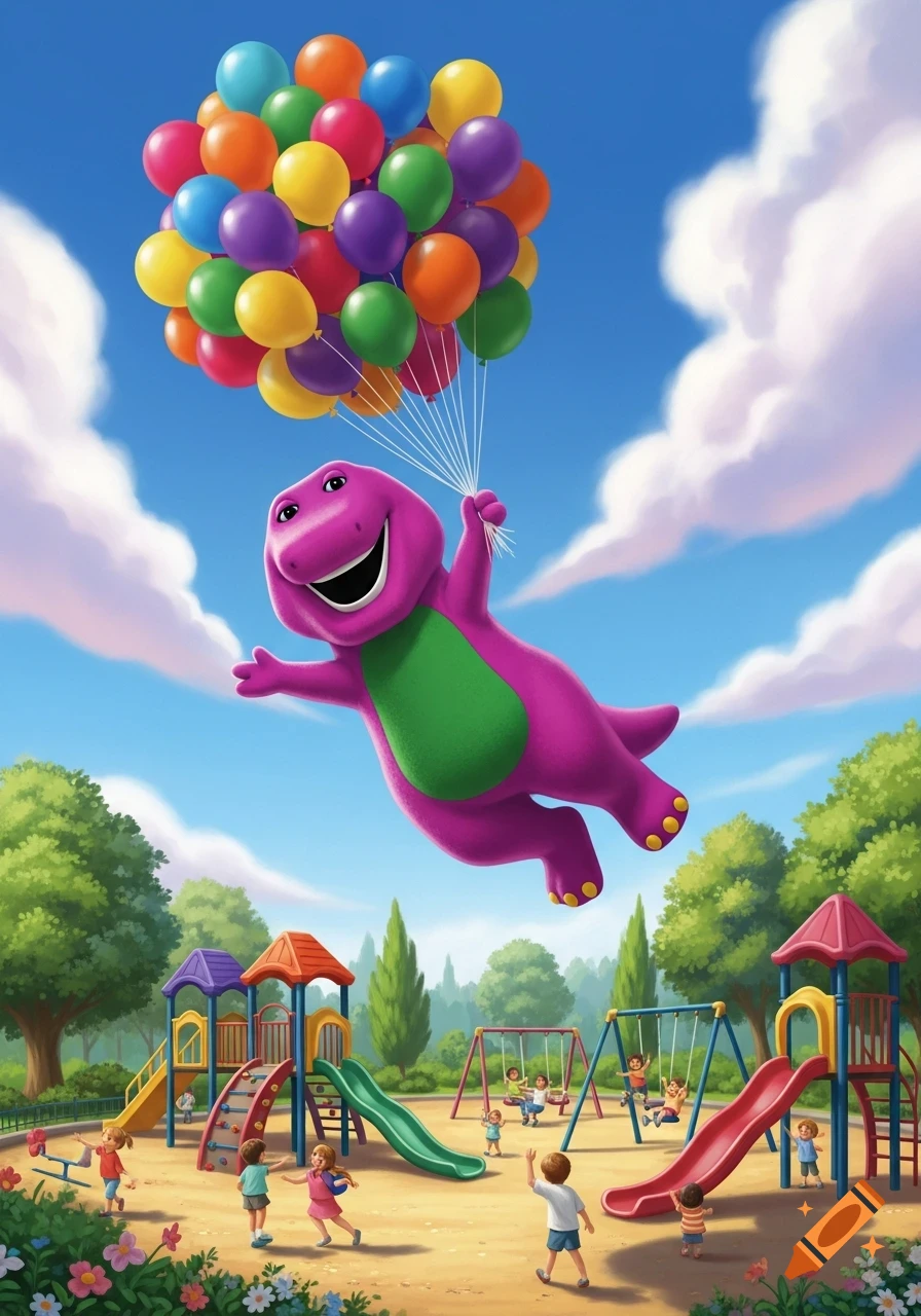 Barney the purple dinosaur flies over a sunny playground with children, holding colorful balloons.