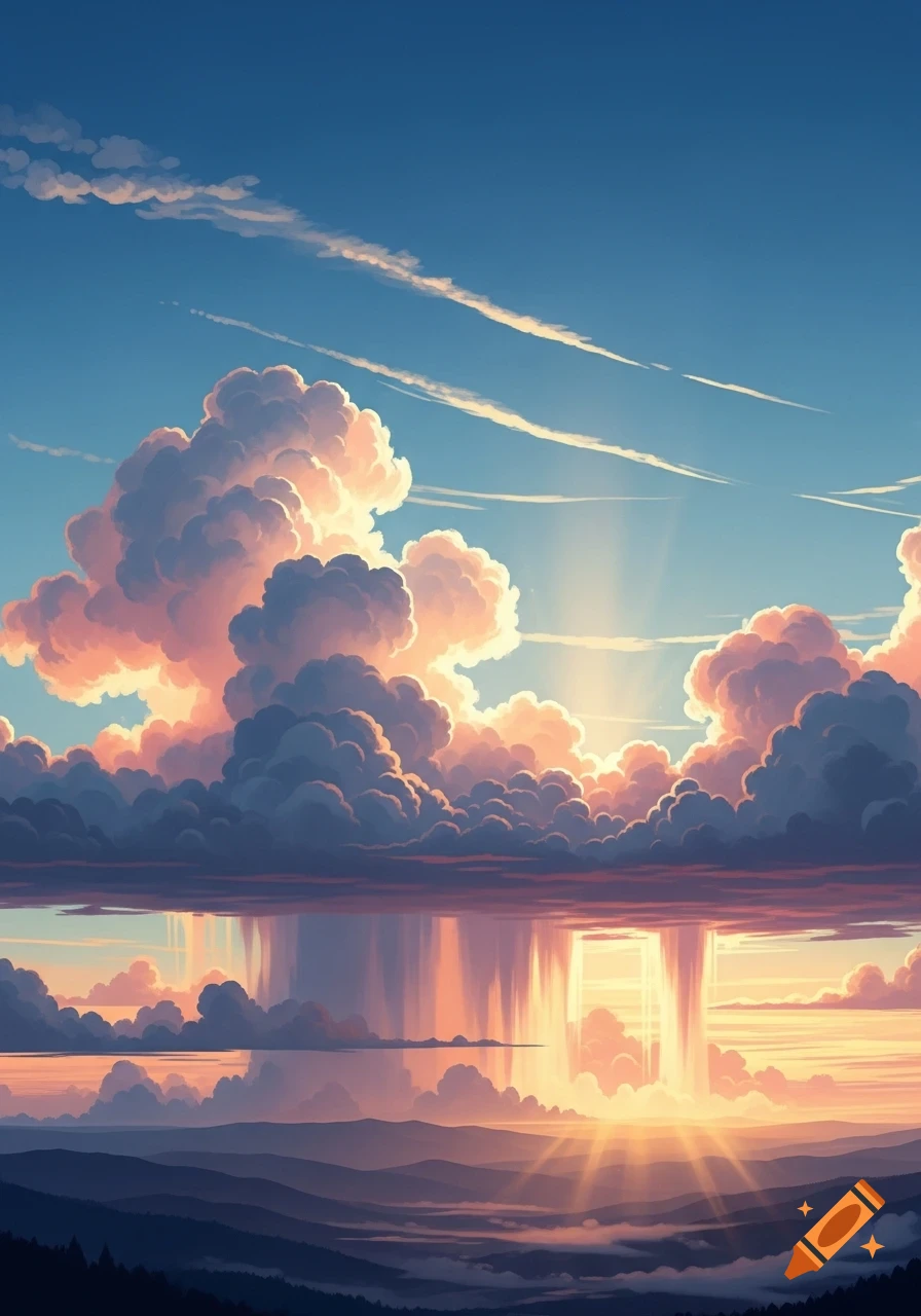 Anime-style illustration of a dramatic sky with pink and orange cumulus clouds, sun rays breaking through, over distant blue mountains.