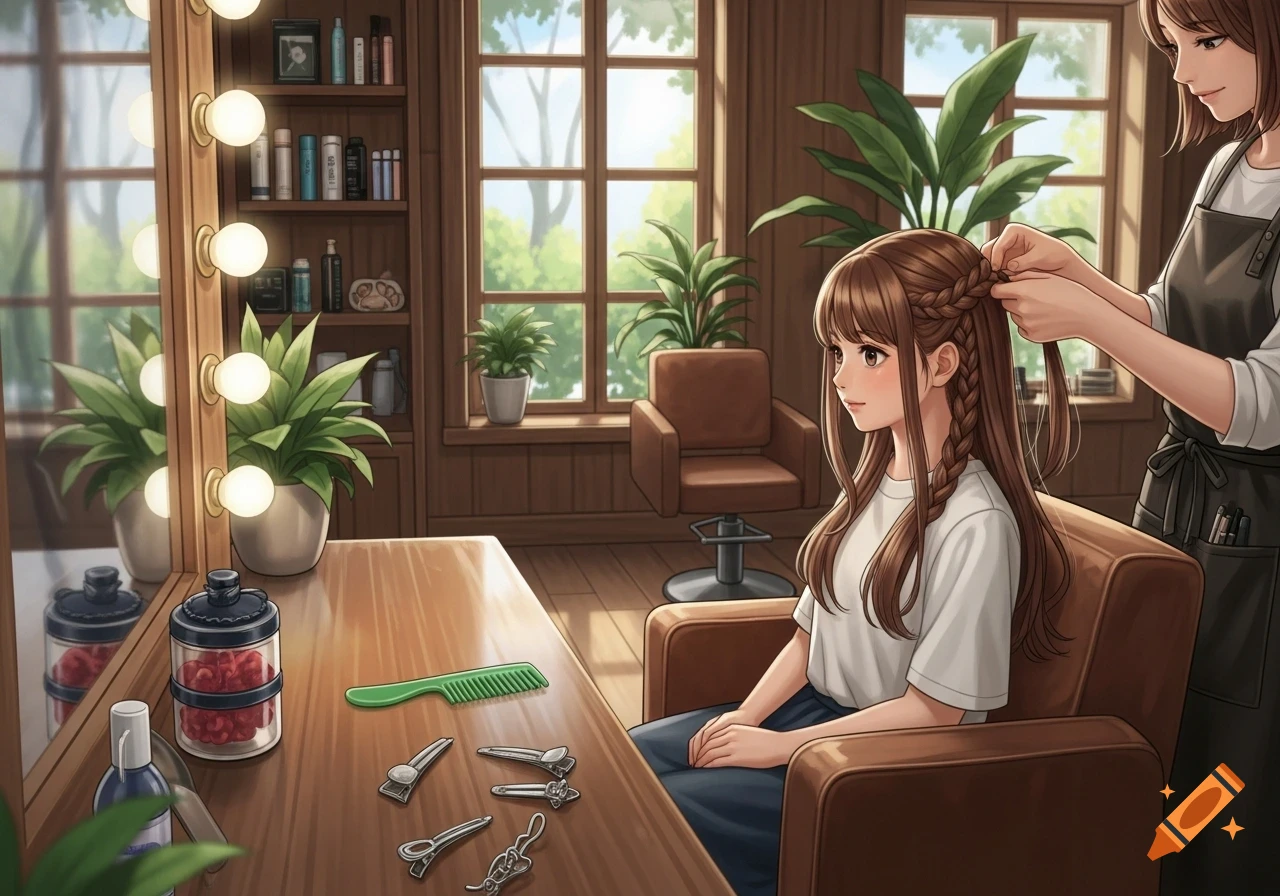 An anime-style illustration of a girl with long brown hair getting her hair braided by a hairdresser in a cozy salon.