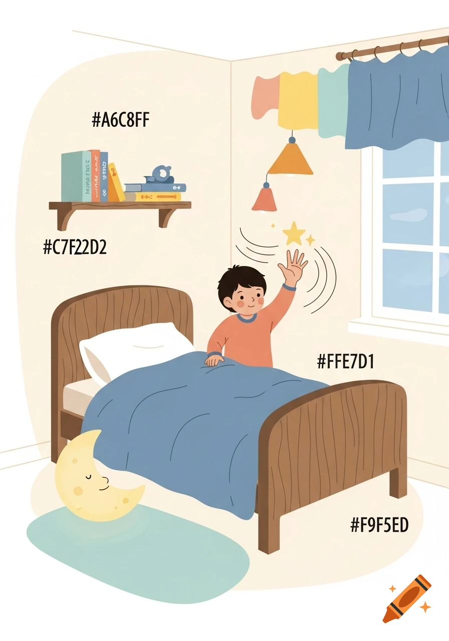 A child in a minimalist illustration waves next to a wooden bed with a blue blanket, a moon lamp on the floor, and a bookshelf, with hex codes overlaid.