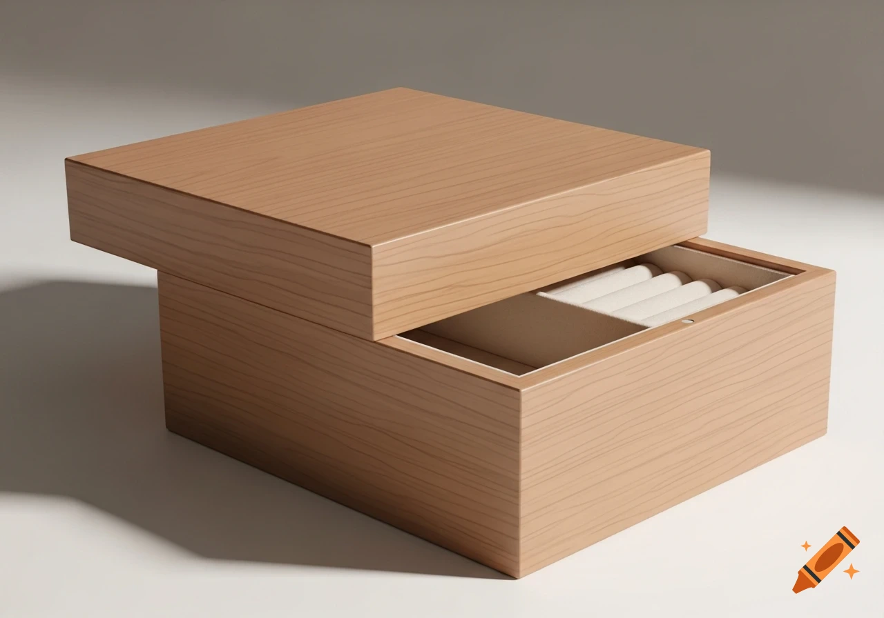 A light brown wooden jewelry box with a slightly open lid, revealing an interior with white ring rolls.
