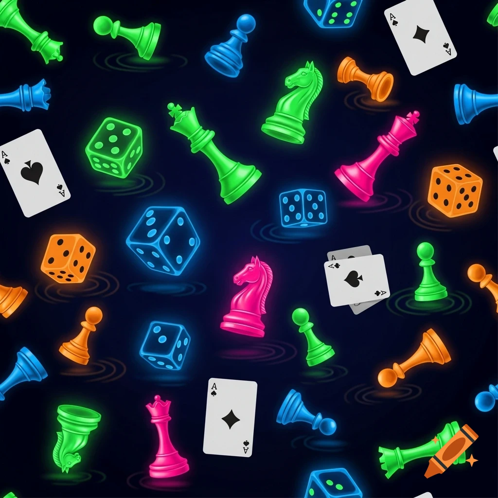Neon risograph pattern of colorful game pieces including dice, chess pieces, and playing cards on a dark background.