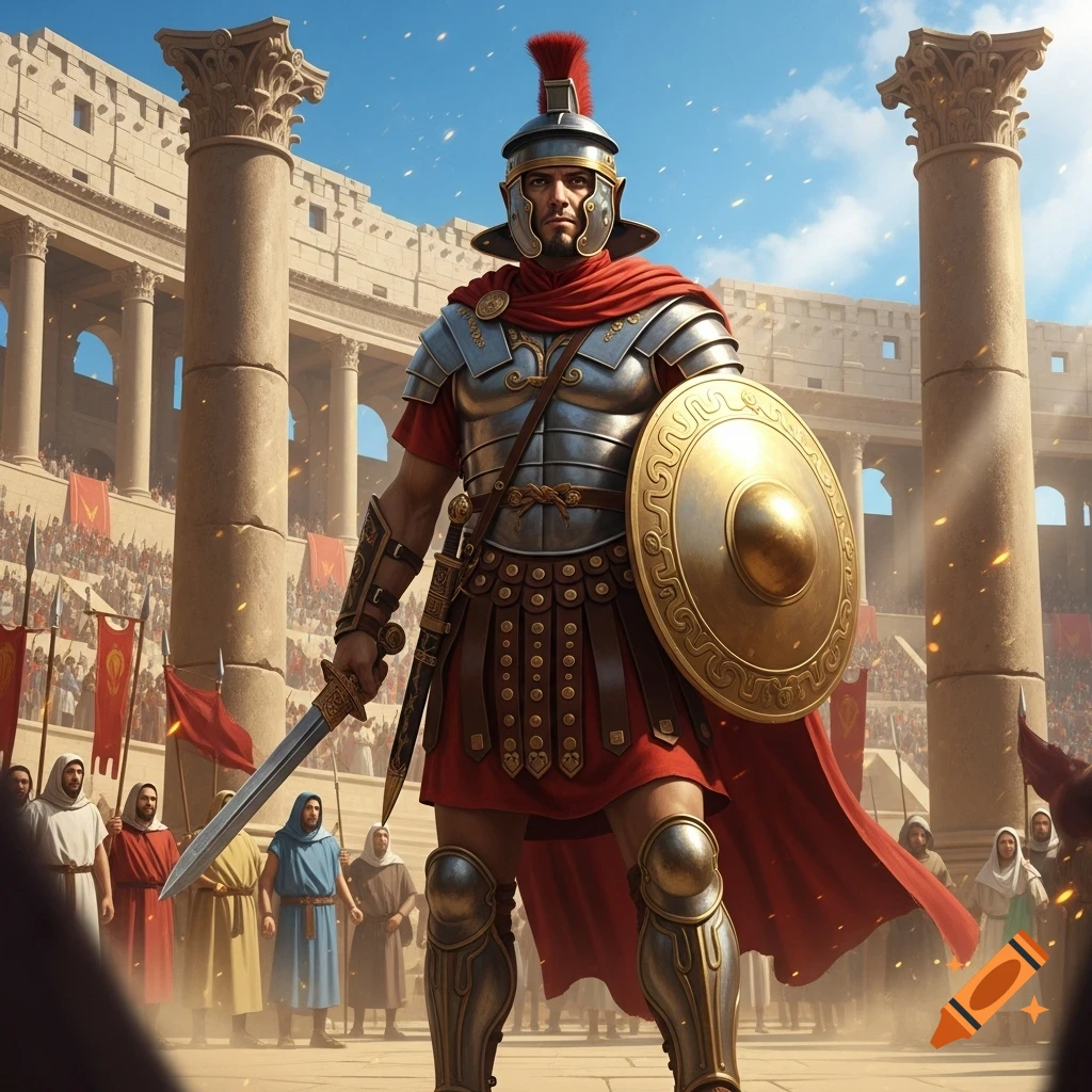A heavily armored Roman soldier with a plumed helmet holds a sword and shield, standing in a large outdoor arena with a crowd.