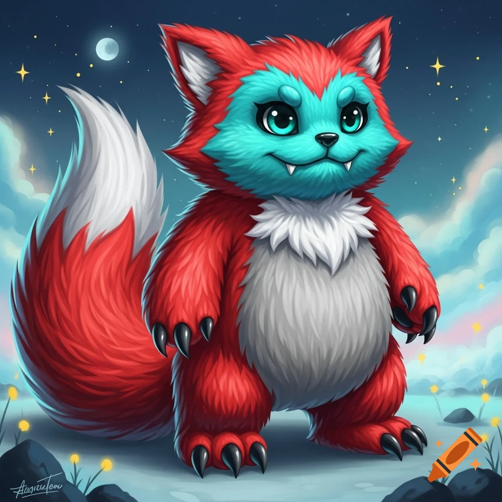 Cartoon illustration of a fluffy red and cyan critter with fangs, black claws, and large teal eyes, standing under a starry night sky.