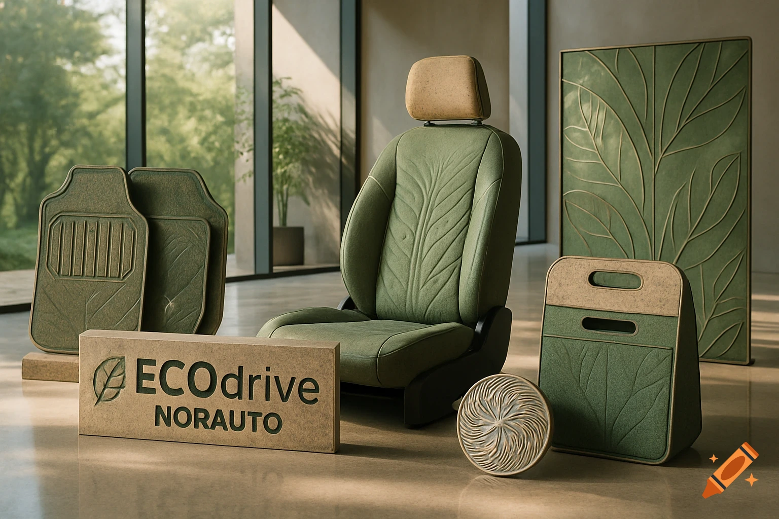 Green eco-friendly car seat and accessories with leaf patterns, featuring an ECOdrive Norauto sign in a modern showroom.