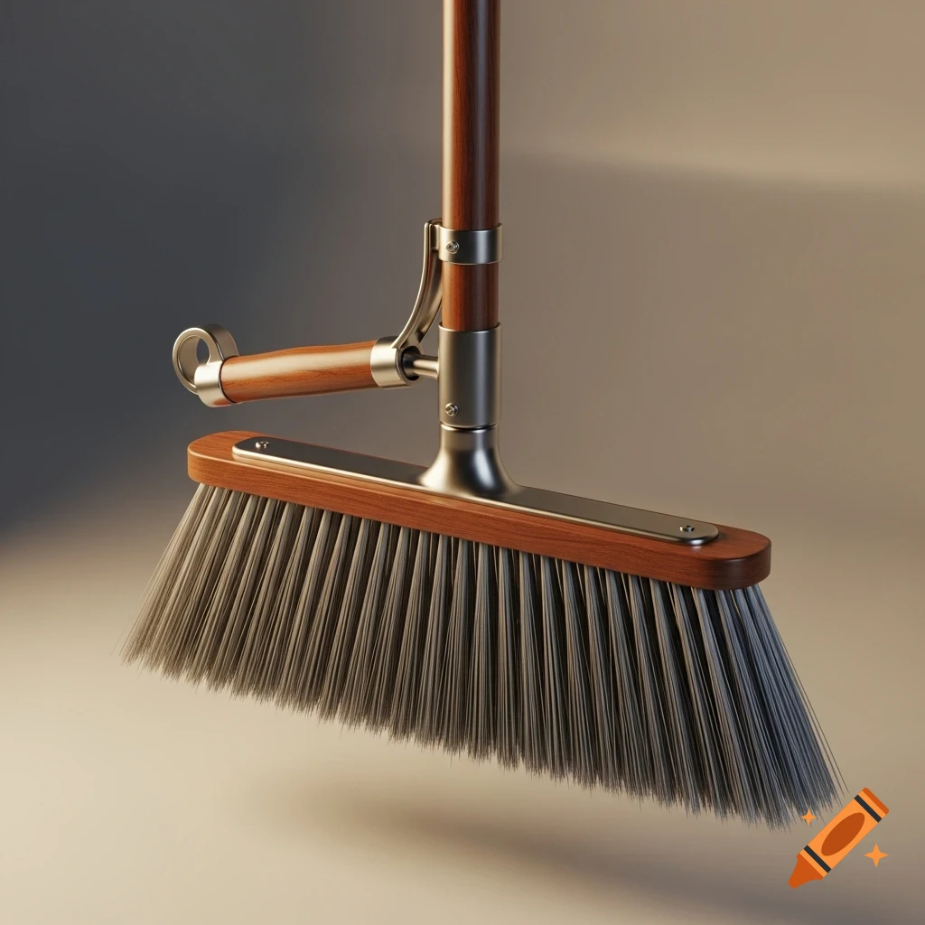 Photorealistic close-up of a modern broom with a wooden handle and gray bristles.