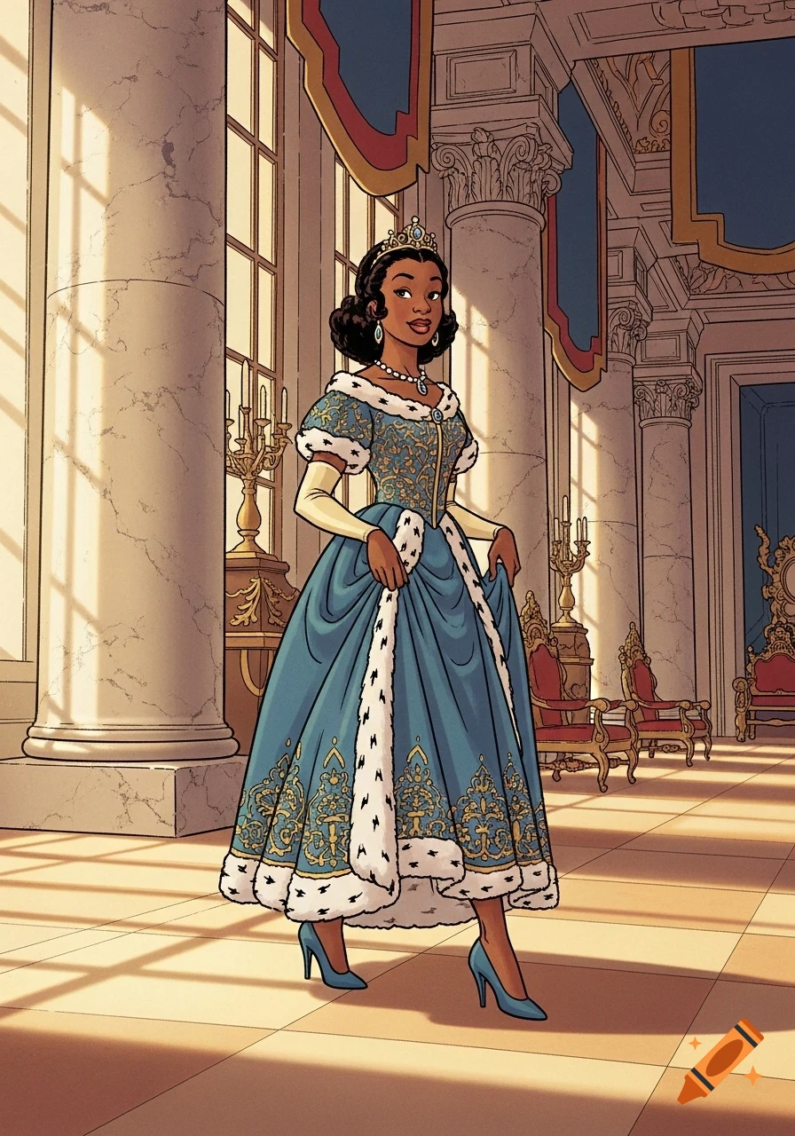 A cartoon of an African American princess in a blue and gold gown with fur trim and high heels, standing in a sunlit palace hall.