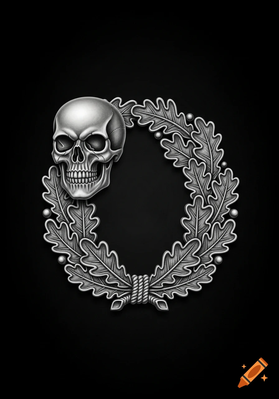 A silver skull on an oak leaf wreath badge against a black background.