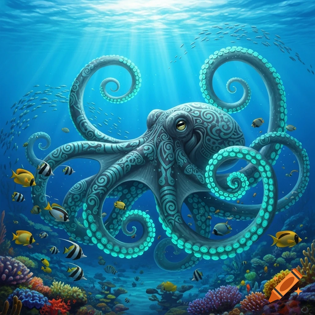 A vibrant illustration of a stylized giant octopus with intricate patterns underwater, surrounded by colorful fish and coral reefs.