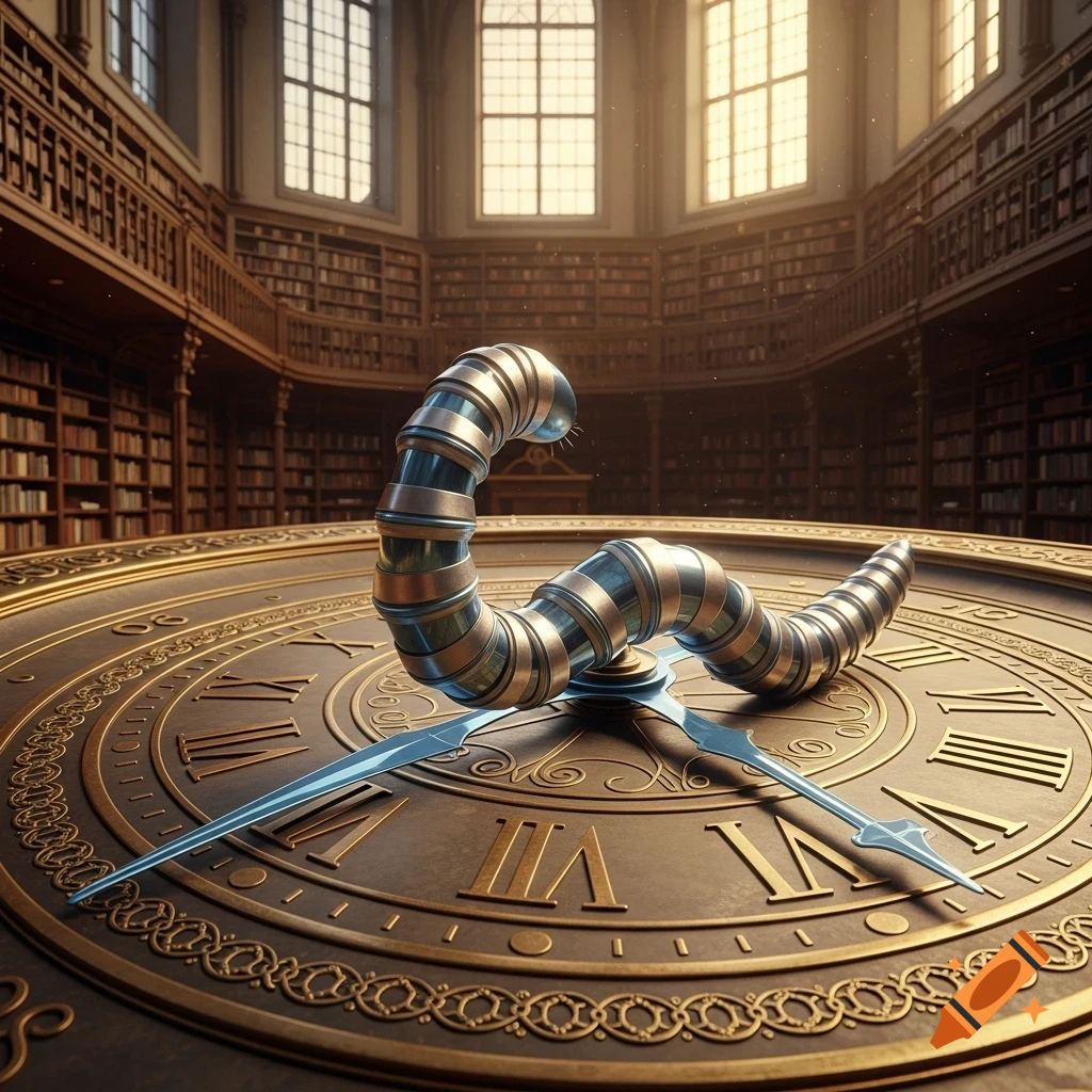 A metallic worm-like minute hand rests on a large, ornate clock face with Roman numerals inside a grand library.