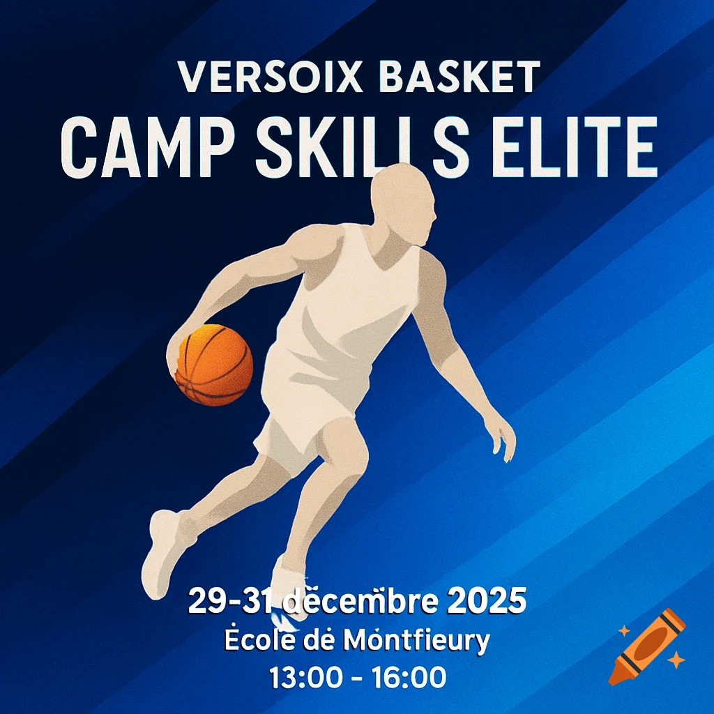 A blue flyer for Versoix Basket Camp Skills Elite, featuring a neutral silhouette of a basketball player dribbling, with dates, location, and times.