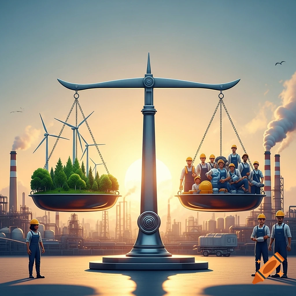 A scale balances trees and wind turbines with industrial workers, set against a factory sunset, symbolizing corporate sustainability.