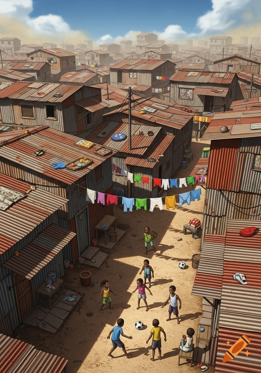 An aerial view of a vibrant shantytown with numerous corrugated iron houses, clotheslines, and children playing soccer in dusty alleyways.