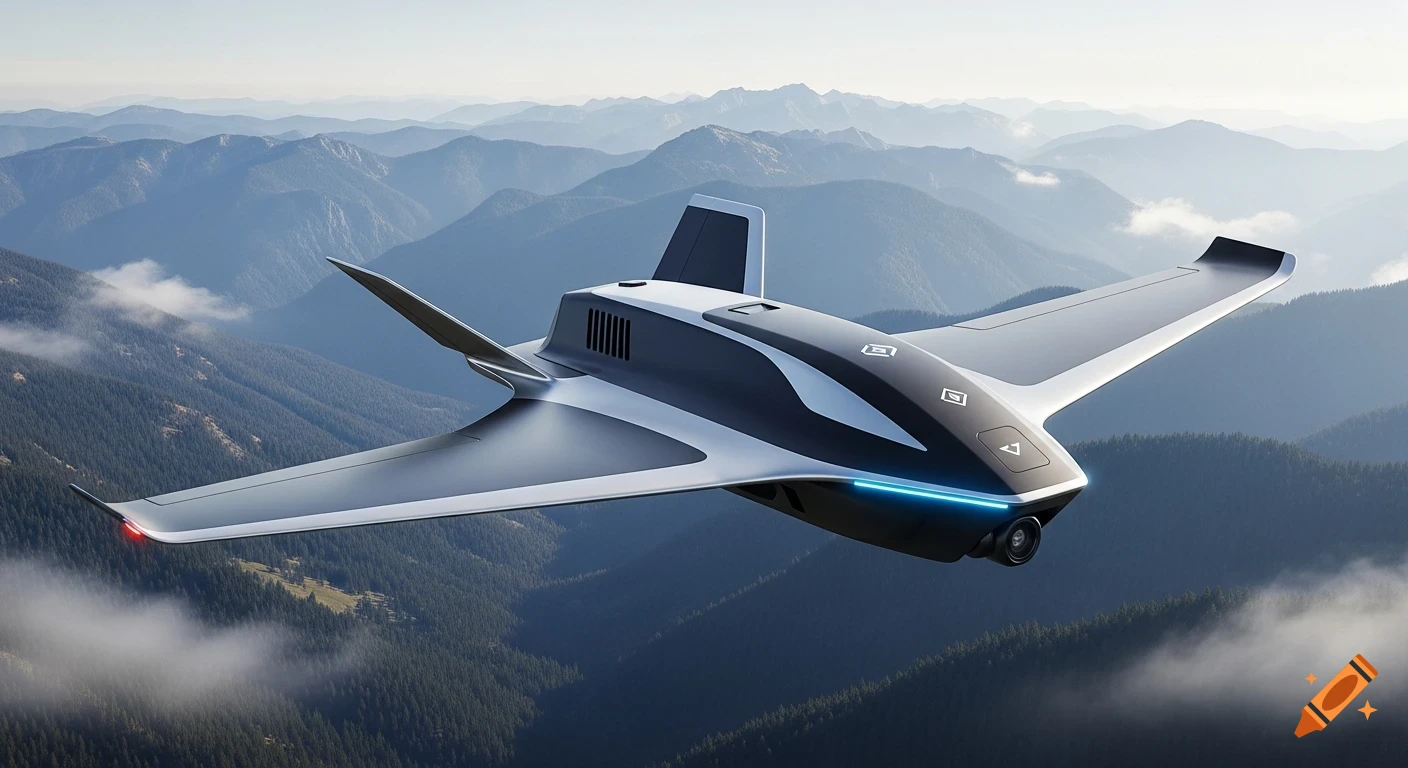 A sleek, futuristic stealth drone with a black and white body and blue lights flying over a vast mountain range.