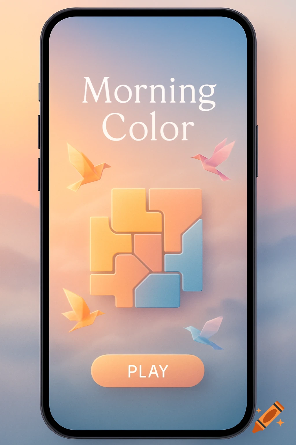 A mobile game app interface called 'Morning Color' with abstract pastel puzzle pieces and origami birds on a soft gradient background.