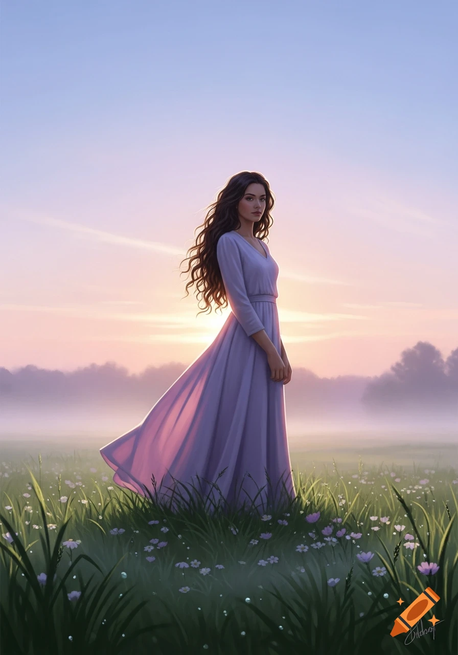 Digital painting of a woman with long wavy hair in a flowing purple ...