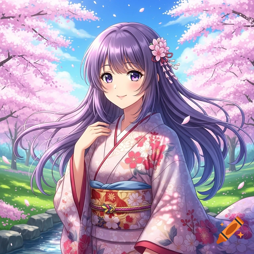 An anime girl with long purple hair and purple eyes smiles, wearing a detailed pink kimono with floral patterns, among blooming cherry blossom trees next to a stream.