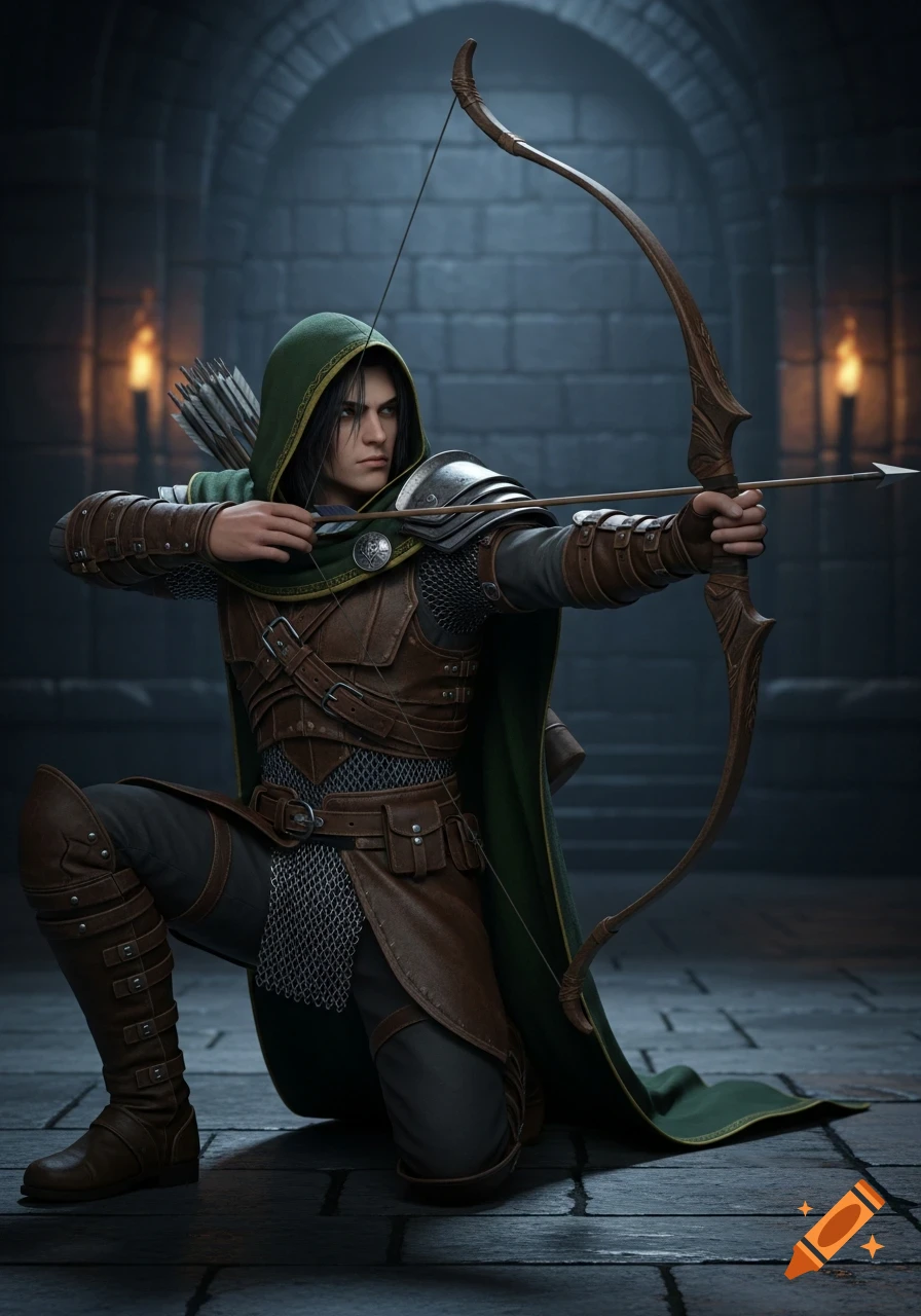 A male human ranger in leather and chain armor and a green hooded cloak kneels and aims a longbow in a dark dungeon.