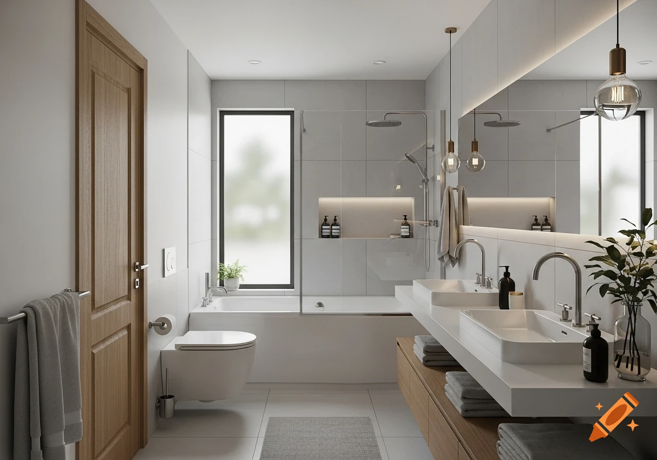 A bright and clean modern bathroom featuring a wooden door, bathtub, toilet, and a double vanity with square sinks.