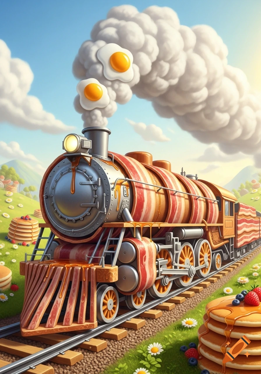 Whimsical illustration of a bacon train dripping with syrup, emitting fried eggs as smoke, in a landscape with pancakes.
