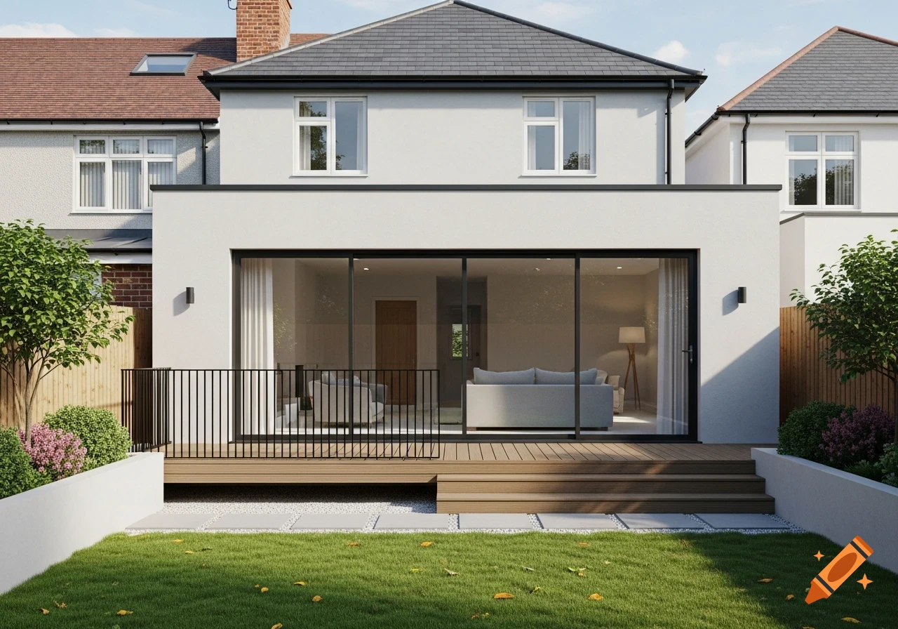 Photorealistic architectural render of a modern house's renovated rear facade with a large sliding glass door, wooden deck, and a contemporary garden.